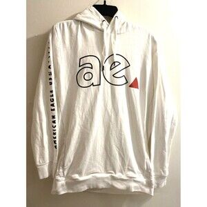 American Eagle Hoodie Mens M White AEO 1977 Black Graphics Pullover Sweatshirt